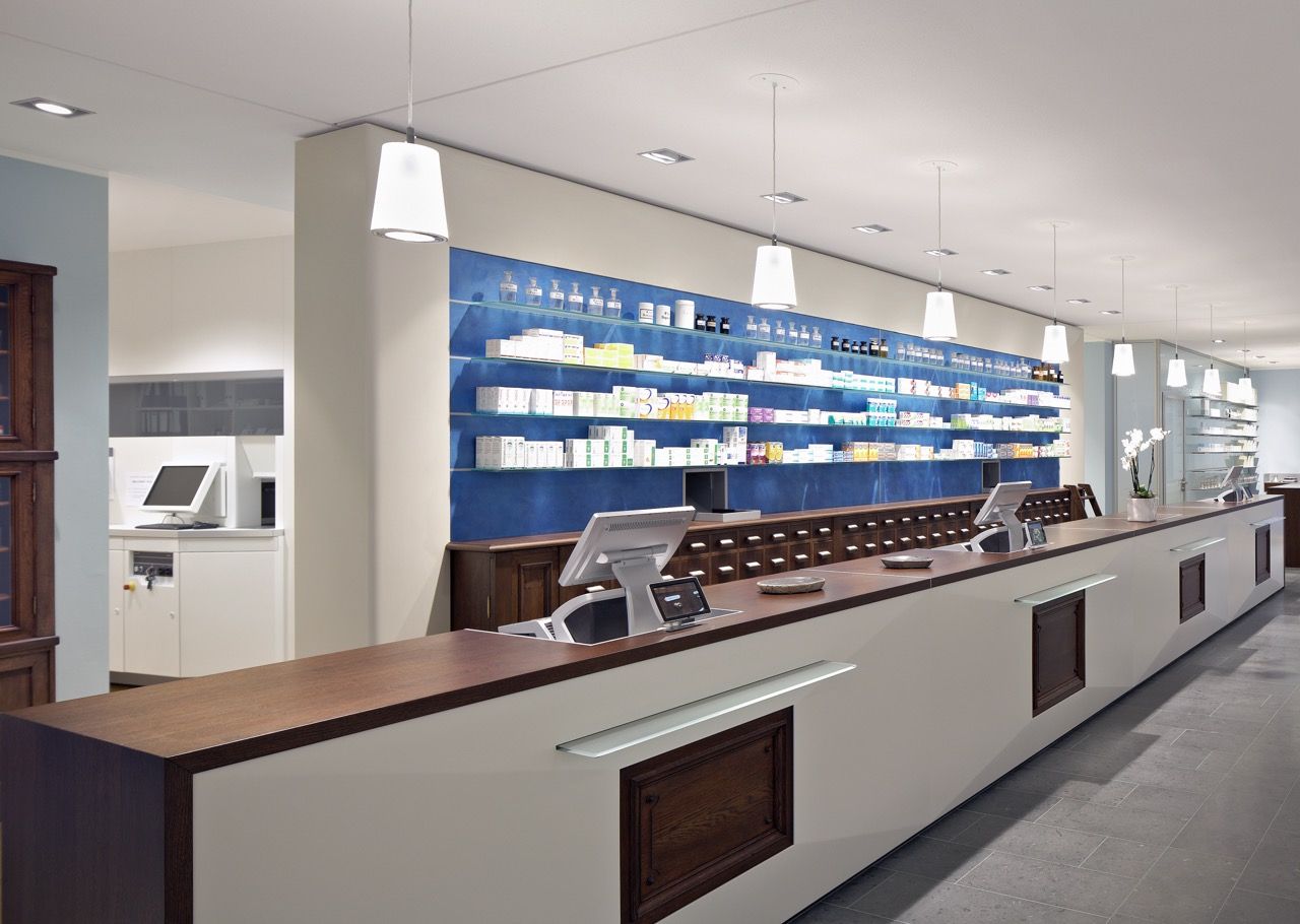 Altenberge, Altenberge, Germany,Interior of empty modern pharmacy Farmacia El Puerto